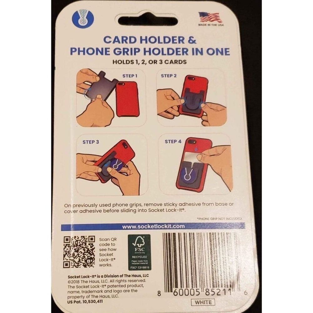 NEW Socket Lock-It Adhesive Card Holder & Phone Grip Holder All in One / WHITE